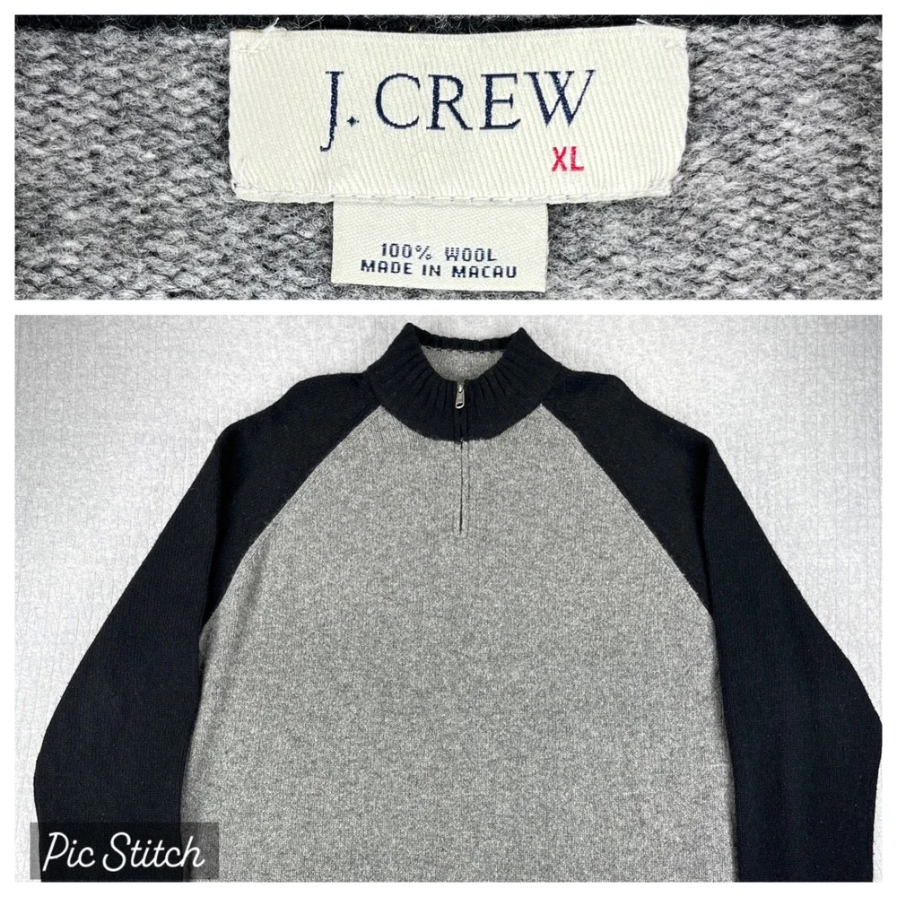 Vintage J. Crew Sweater Mens XL Gray Black 100% Wool Quarter Zip Raglan Pullover